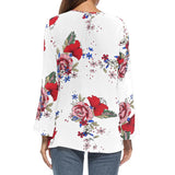 Maxbell Women's V-Neck Bell Sleeve Blouse Floral Print Wrap Front Top Shirt L White