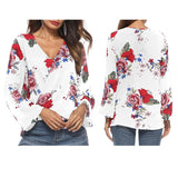 Women's V-Neck Bell Sleeve Blouse Floral Print Wrap Front Top Shirt XL White