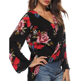 Maxbell Women's V-Neck Bell Sleeve Blouse Floral Print Wrap Front Top Shirt M Black