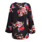 Maxbell Women's V-Neck Bell Sleeve Blouse Floral Print Wrap Front Top Shirt M Black