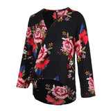 Maxbell Women's V-Neck Bell Sleeve Blouse Floral Print Wrap Front Top Shirt M Black