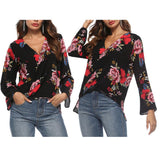 Maxbell Women's V-Neck Bell Sleeve Blouse Floral Print Wrap Front Top Shirt M Black