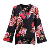 Maxbell Women's V-Neck Bell Sleeve Blouse Floral Print Wrap Front Top Shirt M Black