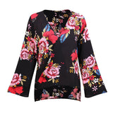 Maxbell Women's V-Neck Bell Sleeve Blouse Floral Print Wrap Front Top Shirt M Black