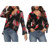 Maxbell Women's V-Neck Bell Sleeve Blouse Floral Print Wrap Front Top Shirt M Black