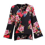 Maxbell Women's V-Neck Bell Sleeve Blouse Floral Print Wrap Front Top Shirt M Black