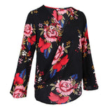 Maxbell Women's V-Neck Bell Sleeve Blouse Floral Print Wrap Front Top Shirt M Black