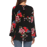 Maxbell Women's V-Neck Bell Sleeve Blouse Floral Print Wrap Front Top Shirt M Black