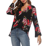 Women's V-Neck Bell Sleeve Blouse Floral Print Wrap Front Top Shirt XL Black