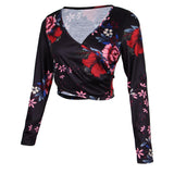 Maxbell Women's Floral Print Cross Wrap Crop Tops Long Sleeve V Neck Shirts M Black