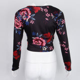 Maxbell Women's Floral Print Cross Wrap Crop Tops Long Sleeve V Neck Shirts M Black