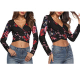 Maxbell Women's Floral Print Cross Wrap Crop Tops Long Sleeve V Neck Shirts M Black