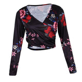 Maxbell Women's Floral Print Cross Wrap Crop Tops Long Sleeve V Neck Shirts M Black