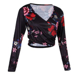 Maxbell Women's Floral Print Cross Wrap Crop Tops Long Sleeve V Neck Shirts M Black