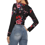 Maxbell Women's Floral Print Cross Wrap Crop Tops Long Sleeve V Neck Shirts M Black