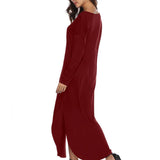 Maxbell Womens Casual V Neck  Long Sleeve Side Split Maxi Dress with Pocket Red S