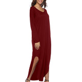Maxbell Womens Casual V Neck  Long Sleeve Side Split Maxi Dress with Pocket Red S