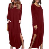 Maxbell Womens Casual V Neck  Long Sleeve Side Split Maxi Dress with Pocket Red S