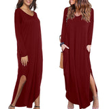 Maxbell Womens Casual V Neck  Long Sleeve Side Split Maxi Dress with Pocket Red S