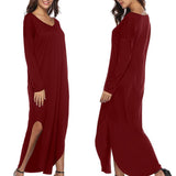 Maxbell Womens Casual V Neck  Long Sleeve Side Split Maxi Dress with Pocket Red S