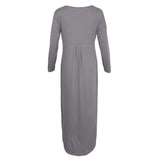 Maxbell Womens Casual V Neck  Long Sleeve Side Split Maxi Dress with Pocket Gray L