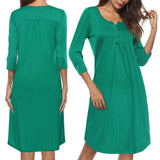 Maxbell Women's 3/4 Sleeve Casual Loose Buttons Pleated Tops Blouse Dress S Green