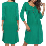 Maxbell Women's 3/4 Sleeve Casual Loose Buttons Pleated Tops Blouse Dress S Green