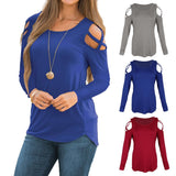 Maxbell Women Strappy Cold Shoulder Tops Long Sleeves T Shirt Blouse Loose Fit Tunic S Blue