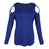 Maxbell Women Strappy Cold Shoulder Tops Long Sleeves T Shirt Blouse Loose Fit Tunic S Blue