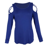 Maxbell Women Strappy Cold Shoulder Tops Long Sleeves T Shirt Blouse Loose Fit Tunic S Blue