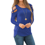 Women Strappy Cold Shoulder Tops Long Sleeves T Shirt Blouse Loose Fit Tunic M Blue