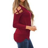 Maxbell Women Strappy Cold Shoulder Tops Long Sleeves T Shirt Blouse Loose Fit Tunic S Red