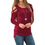 Maxbell Women Strappy Cold Shoulder Tops Long Sleeves T Shirt Blouse Loose Fit Tunic S Red