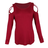 Maxbell Women Strappy Cold Shoulder Tops Long Sleeves T Shirt Blouse Loose Fit Tunic S Red