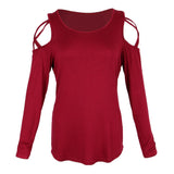 Maxbell Women Strappy Cold Shoulder Tops Long Sleeves T Shirt Blouse Loose Fit Tunic S Red