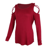 Maxbell Women Strappy Cold Shoulder Tops Long Sleeves T Shirt Blouse Loose Fit Tunic M Red