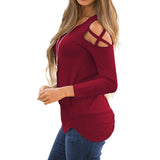 Maxbell Women Strappy Cold Shoulder Tops Long Sleeves T Shirt Blouse Loose Fit Tunic M Red