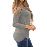Women Strappy Cold Shoulder Tops Long Sleeves T Shirt Blouse Loose Fit Tunic S Gray