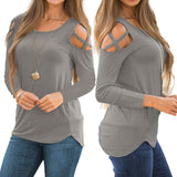 Maxbell Women Strappy Cold Shoulder Tops Long Sleeves T Shirt Blouse Loose Fit Tunic M Gray