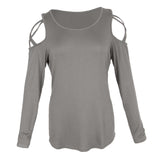 Maxbell Women Strappy Cold Shoulder Tops Long Sleeves T Shirt Blouse Loose Fit Tunic L Gray