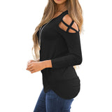 Maxbell Women Strappy Cold Shoulder Tops Long Sleeves T Shirt Blouse Loose Fit Tunic S Black