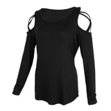 Maxbell Women Strappy Cold Shoulder Tops Long Sleeves T Shirt Blouse Loose Fit Tunic S Black