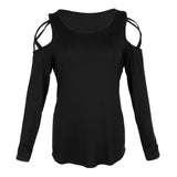 Maxbell Women Strappy Cold Shoulder Tops Long Sleeves T Shirt Blouse Loose Fit Tunic S Black