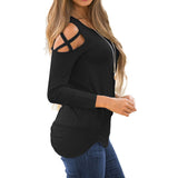 Maxbell Women Strappy Cold Shoulder Tops Long Sleeves T Shirt Blouse Loose Fit Tunic M Black