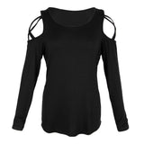 Maxbell Women Strappy Cold Shoulder Tops Long Sleeves T Shirt Blouse Loose Fit Tunic M Black