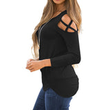Women Strappy Cold Shoulder Tops Long Sleeves T Shirt Blouse Loose Fit Tunic L Black