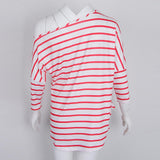 Womens Casual Oblique Shoulder Cross Stripe T-shirt with Batwing Sleeve S Red