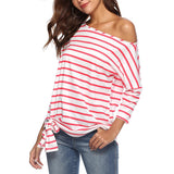 Maxbell Womens Casual Oblique Shoulder Cross Stripe T-shirt with Batwing Sleeve L Red