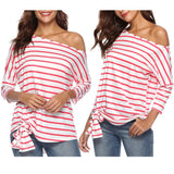 Maxbell Womens Casual Oblique Shoulder Cross Stripe T-shirt with Batwing Sleeve L Red