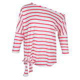 Maxbell Womens Casual Oblique Shoulder Cross Stripe T-shirt with Batwing Sleeve L Red